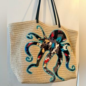 Vera Bradley Seashore Splash Floral Octopus Woven Straw Raffia Beach Tote Bag.